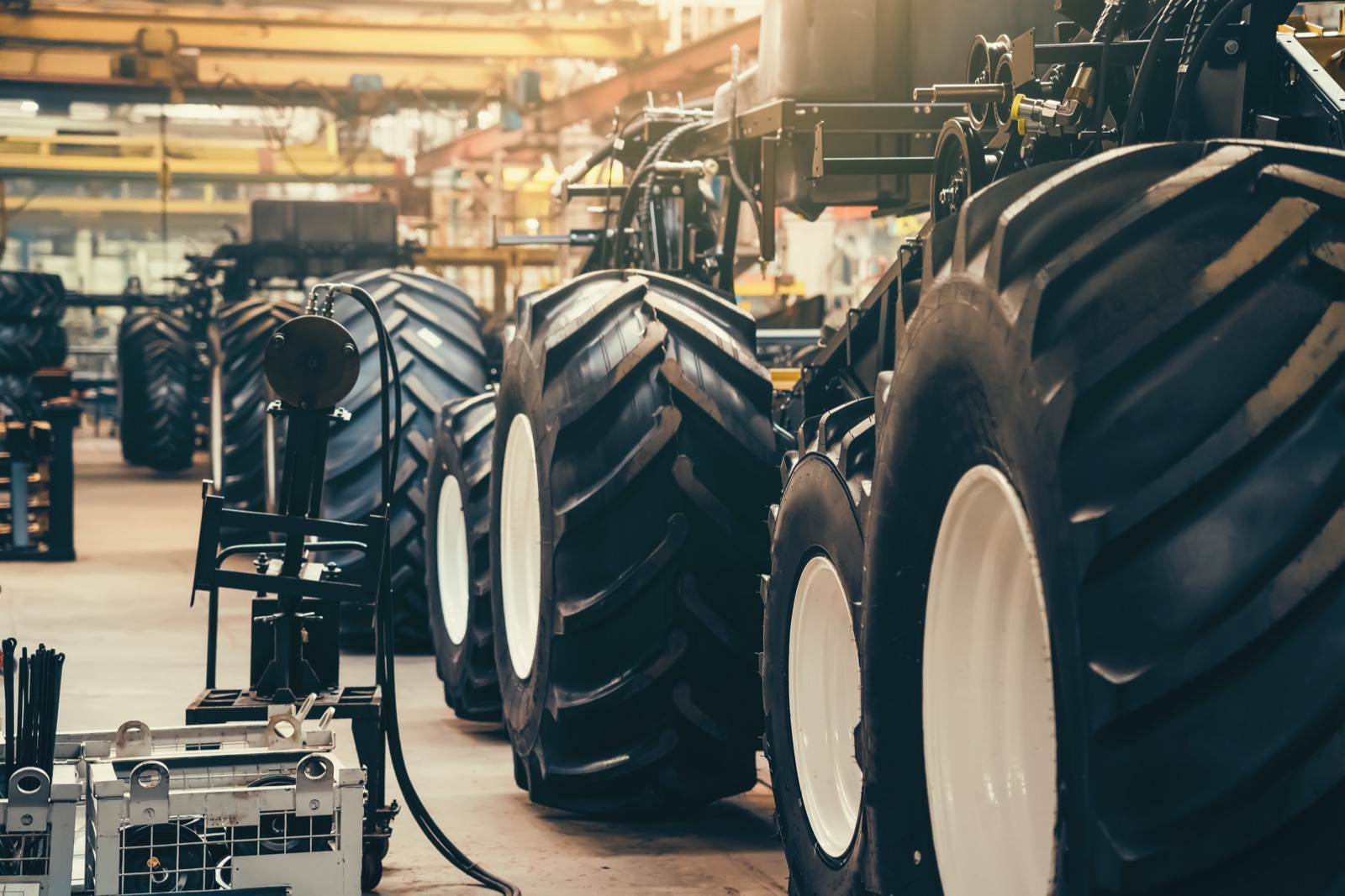 Heavy agricultural equipment on the assembly floor